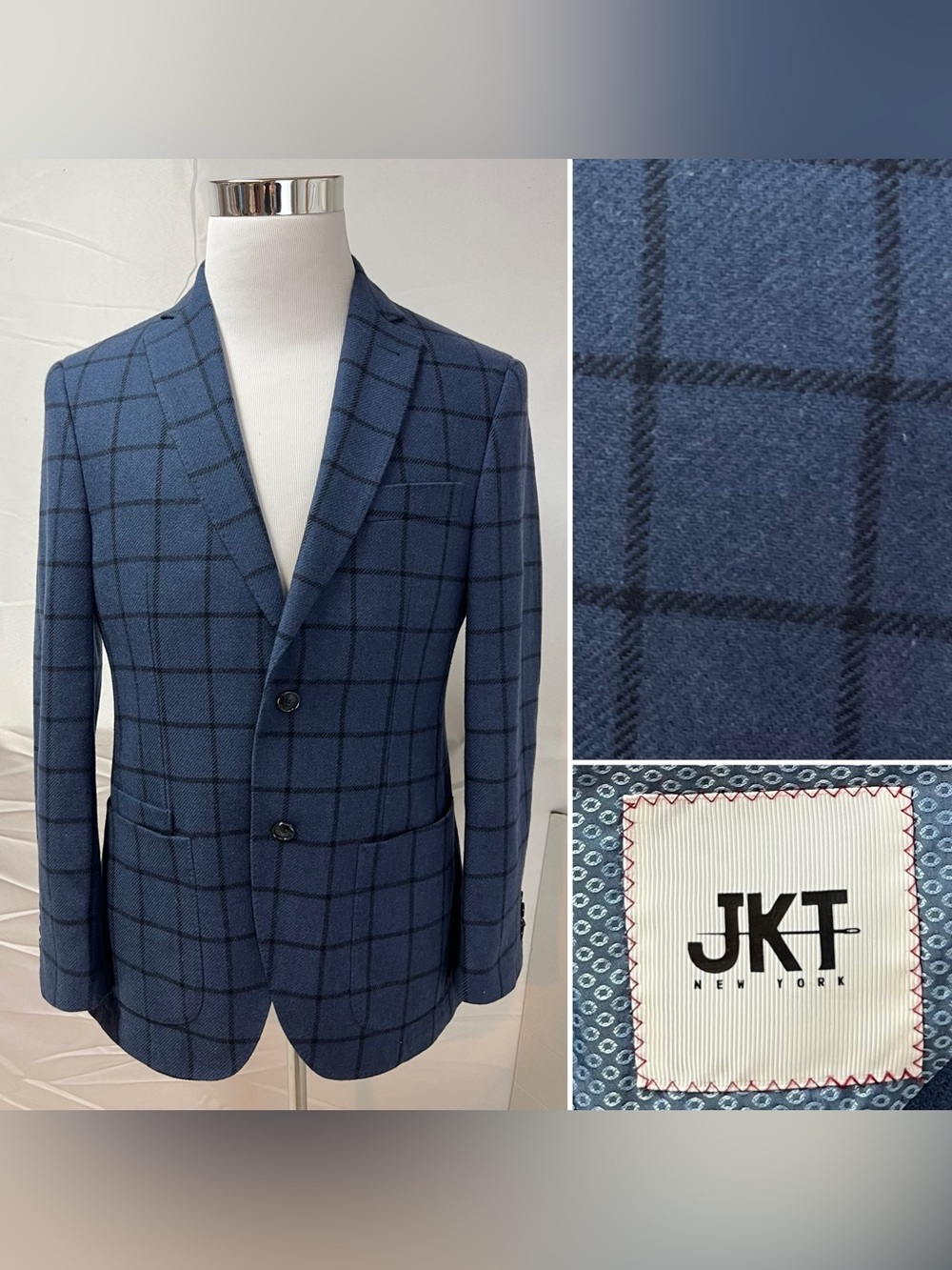 JKT New York Men’s 38R Blue Plaid Check Wool Blend Trent Blazer Jacket